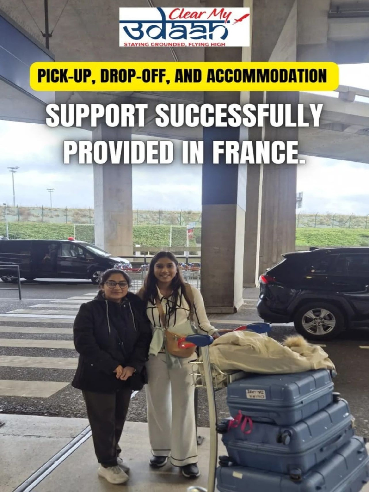 Pick-up, drop-off, and accommodation support successfully provided in France.